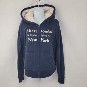 ABERCROMBIE & FITCH Womens MEDIUM Sweatshirt Hoodie Zip Up Faux Fur Lined BLUE